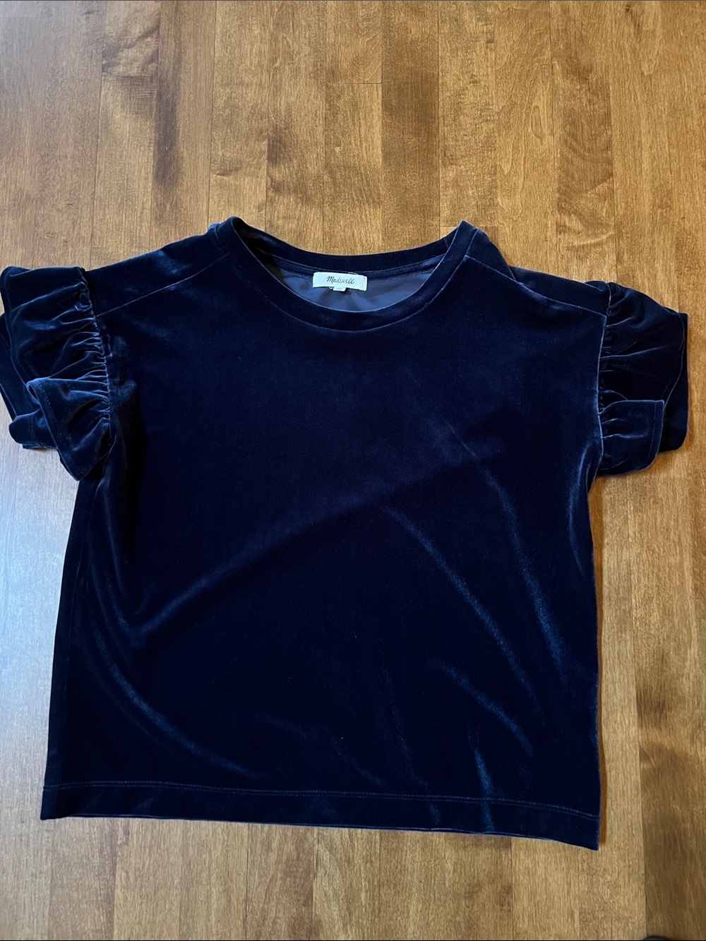 Women’s Navy Blue Velvet Puff Top with ruffled cap sleeves